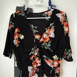 Topshop Black Blouse with Orange and Green Floral Design